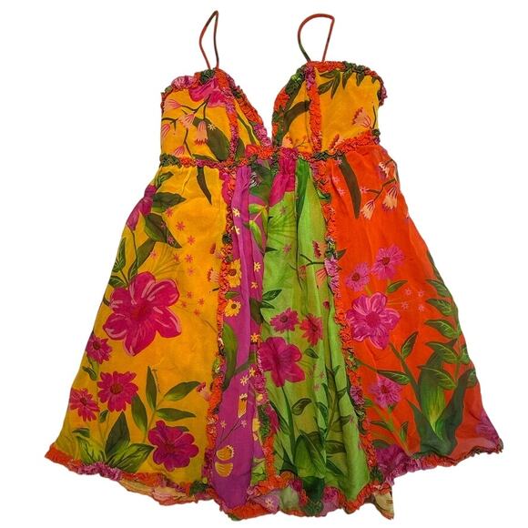 FARM Rio Tropical Patchwork Floral Ruffle Mini Dress Multicolor Boho Size Small - Picture 1 of 16